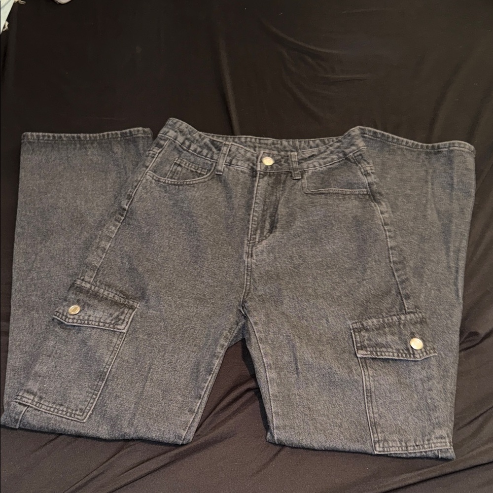 SHEIN Washed Black Wide Leg Cargo Jeans